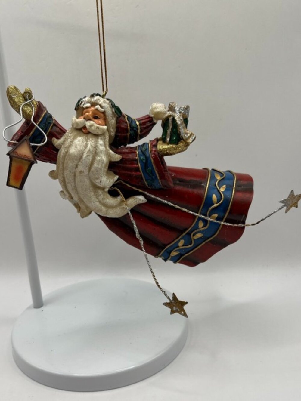 Vtg 3D Metal Santa Hanging Ornament Flying Old World Santa 7” Folk Art